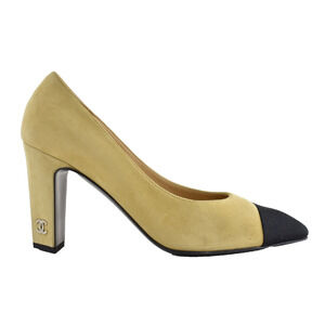 Chanel 25A Beige Suede Black Cap Square Toe CC Crystal Logo Heel Of Fame Pump 39